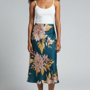 H&M Floral Midi Skirt | Small | Teal Blue Satin-Look Skirt